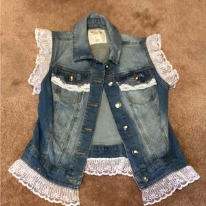 Customized Mossimo Supply Co. Blue Denim Vest with Lace and Rhinestones